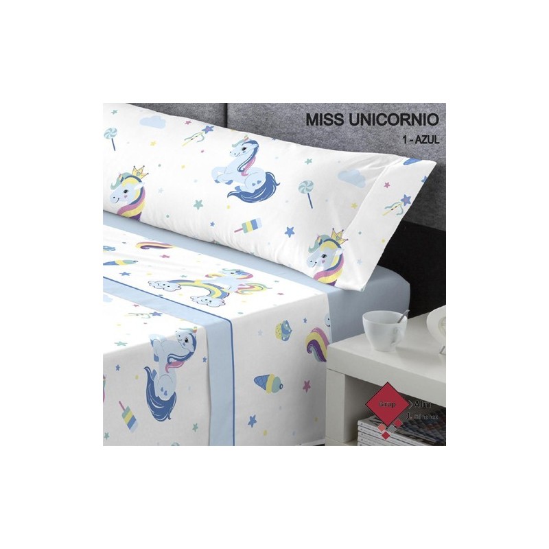 Juego de sábanas invierno Coralina MISS UNICORNIO AZUL KABELY KIDS